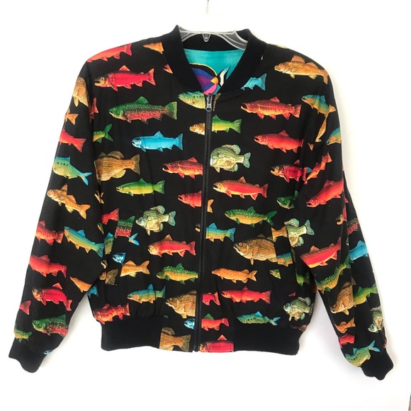 Vintage Colorful Fish Pattern Cotton Reversible Bomber Jacket - One Size - Picture 3 of 6